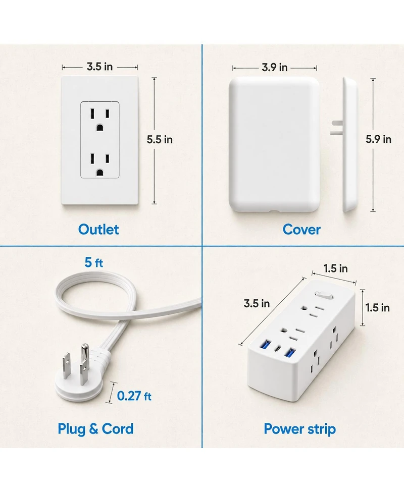 Lofree Flat-Plug Multi-Outlet Usb Charger Extension Cord