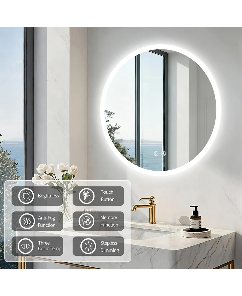 Luvodi 24" Round Led Bathroom Mirror with Lights Wall-Mounted Vanity Mirror