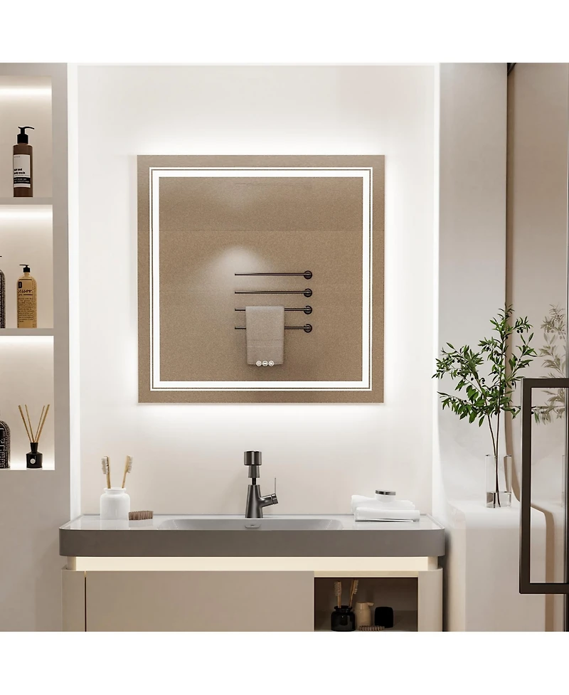 Luvodi 32"x32" Square Led Bathroom Mirror Illuminated Dimmable 3 Colors Backlit and Front Light Smart Touch