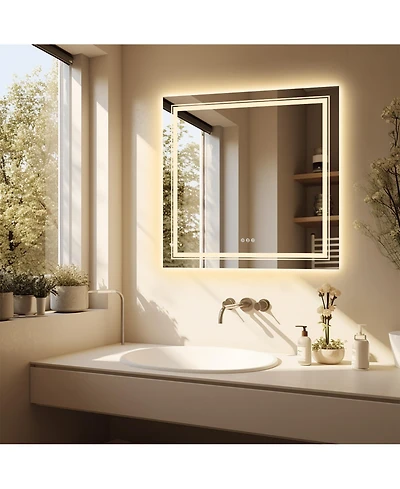 Luvodi 32"x32" Square Led Bathroom Mirror Illuminated Dimmable 3 Colors Backlit and Front Light Smart Touch
