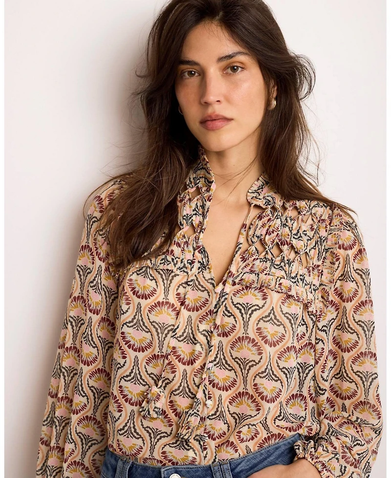Mint Velvet Women's Floral-Print Ruffle-Trim Tie-Front Long-Sleeve Blouse