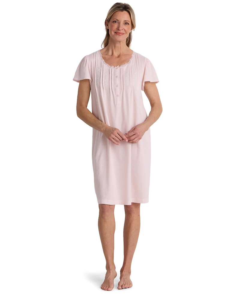 Miss Elaine Women's Silky-Knit Pointelle Lace-Trim Cotton-Blend Nightgown