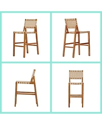 Asagikoiai 5-Piece Acacia Wood Outdoor Bar Height Dining Set with Rope Stools and Square Table