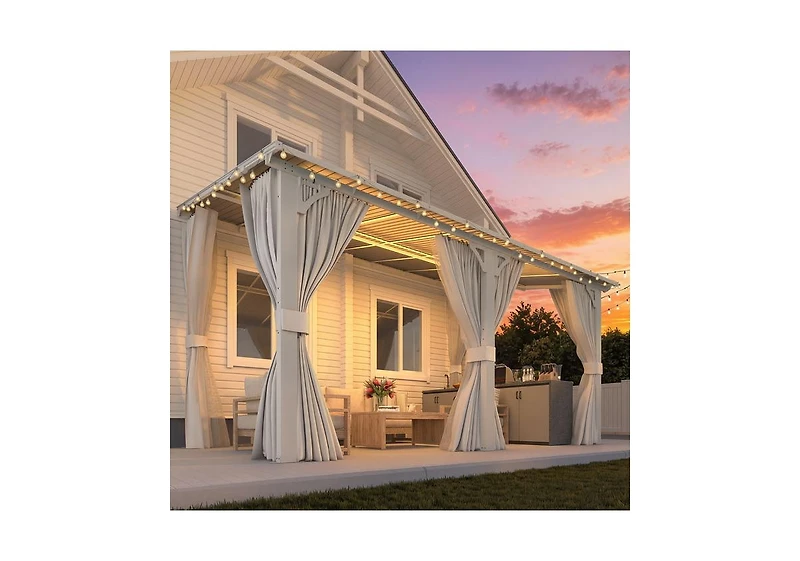 Aecojoy 14' x 8'Wall Mounted Hardtop Gazebo Lean to Metal Pergola with Curtains Netting Patio