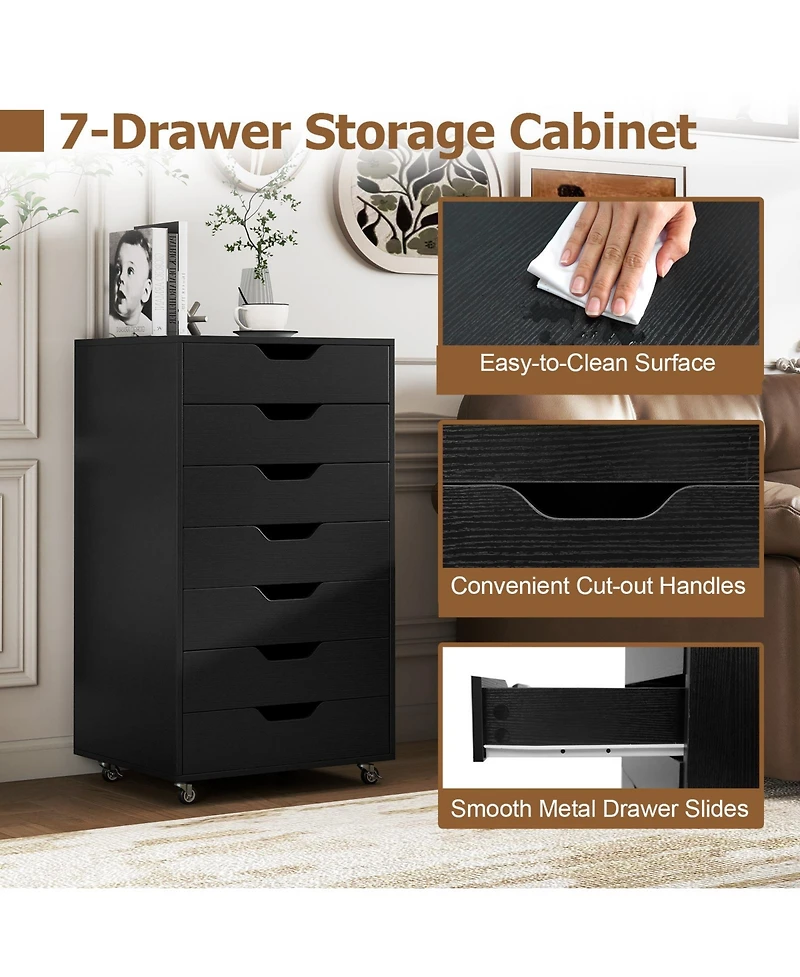 Mecale 7-Drawer Wooden Storage Chest with Lockable Wheels