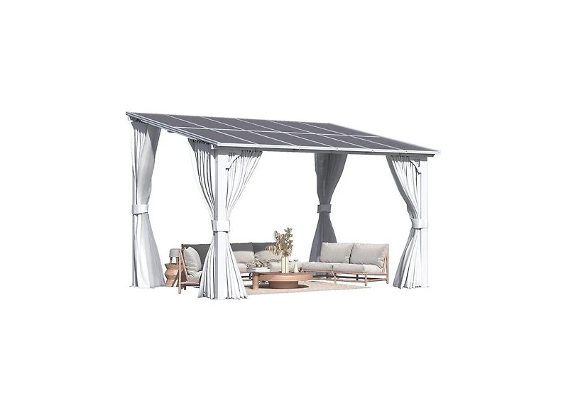 Aecojoy 12' x 8'Wall Mounted Hardtop Gazebo Lean to Metal Pergola with Curtains Netting Patio