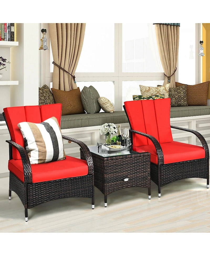 3PCS Rattan Coffee Table Set Chair-Red