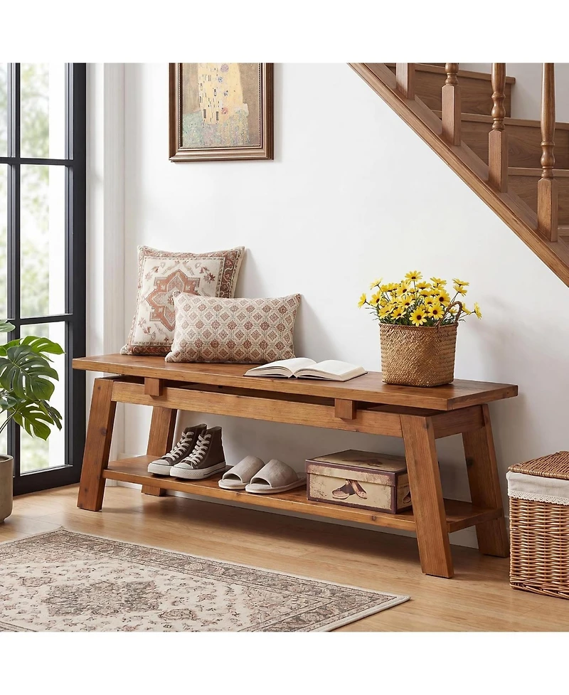 Tribesigns Solid Wood Bench, 55" Farmhouse Entryway Bench with Shoe Storage | 350 lb Capacity, Scratch Resistant, End of Bed Bench Shoe Bench Seat