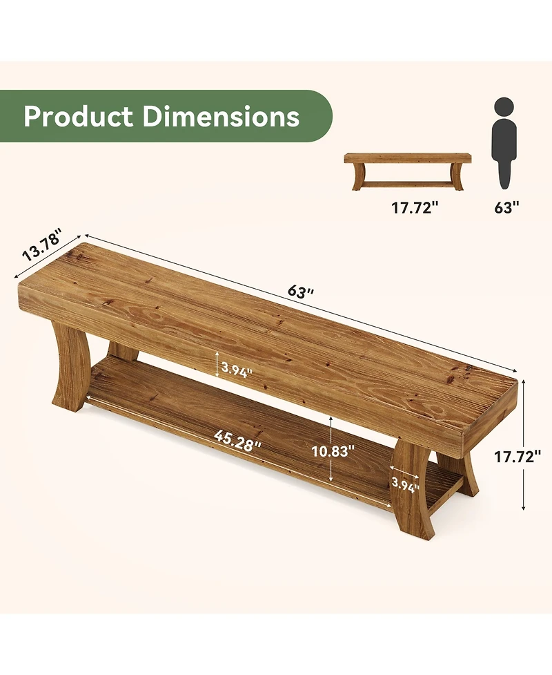 Tribesigns Solid Wood Bench, 63" Long Farmhouse Entryway Bench with Storage, Rustic Narrow Shoe Storage Bench Seat