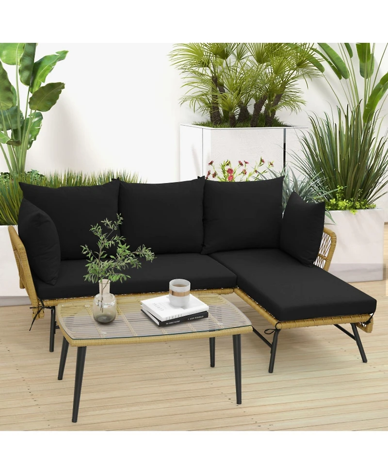 Sugift 3-Piece L-Shape Outdoor Rattan Patio Sofa Set with Glass Coffee Table