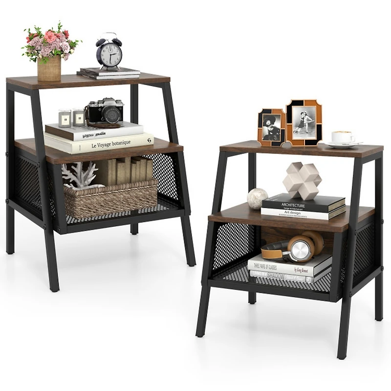 Sugift Industrial 3-Tier Nightstand Set of 2 with Open Shelves and Mesh Compartment