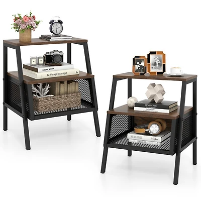 Sugift Industrial 3-Tier Nightstand Set of 2 with Open Shelves and Mesh Compartment