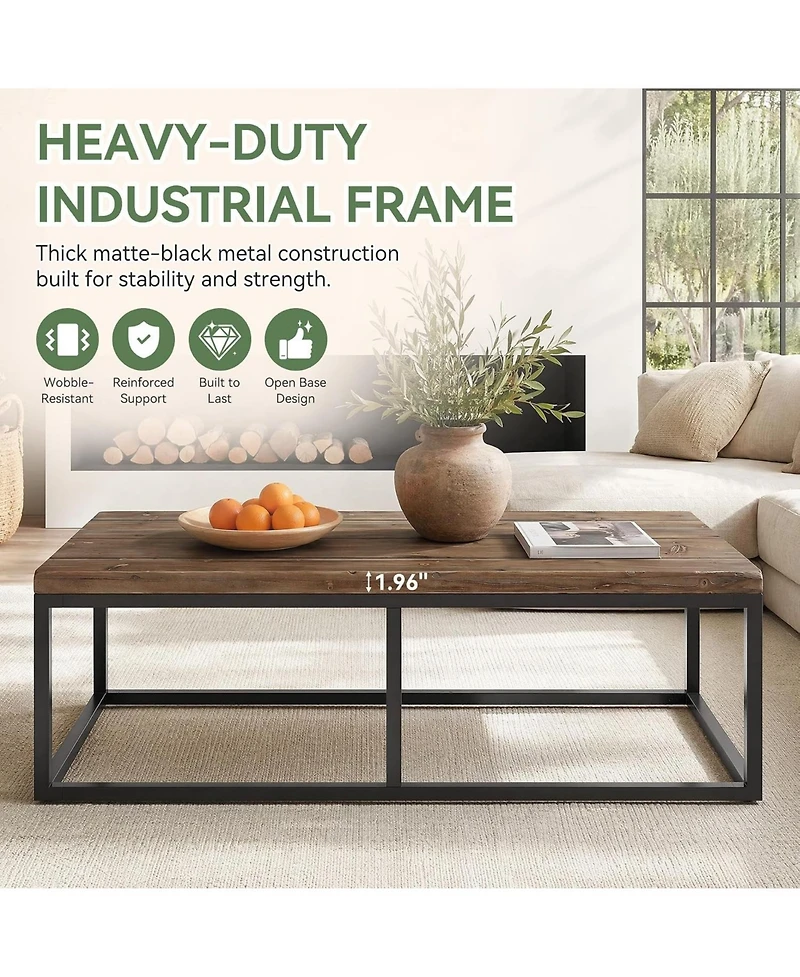 Tribesigns 55" Rustic Solid Wood Coffee Table with Iron Frame, Industrial Farmhouse Rectangular Coffee Table for Living Room