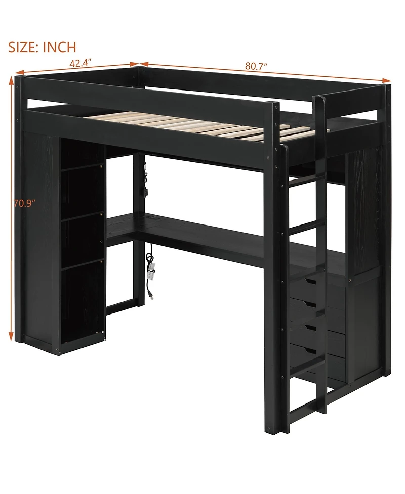 Clihome Twin Size Solid Wood Loft Bed with L-Shaped Desk and 4 Drawers, Ash Veneer High Loft Bed with Smart App Control Led Light Strip