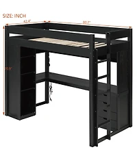 Clihome Twin Size Solid Wood Loft Bed with L-Shaped Desk and 4 Drawers, Ash Veneer High Loft Bed with Smart App Control Led Light Strip
