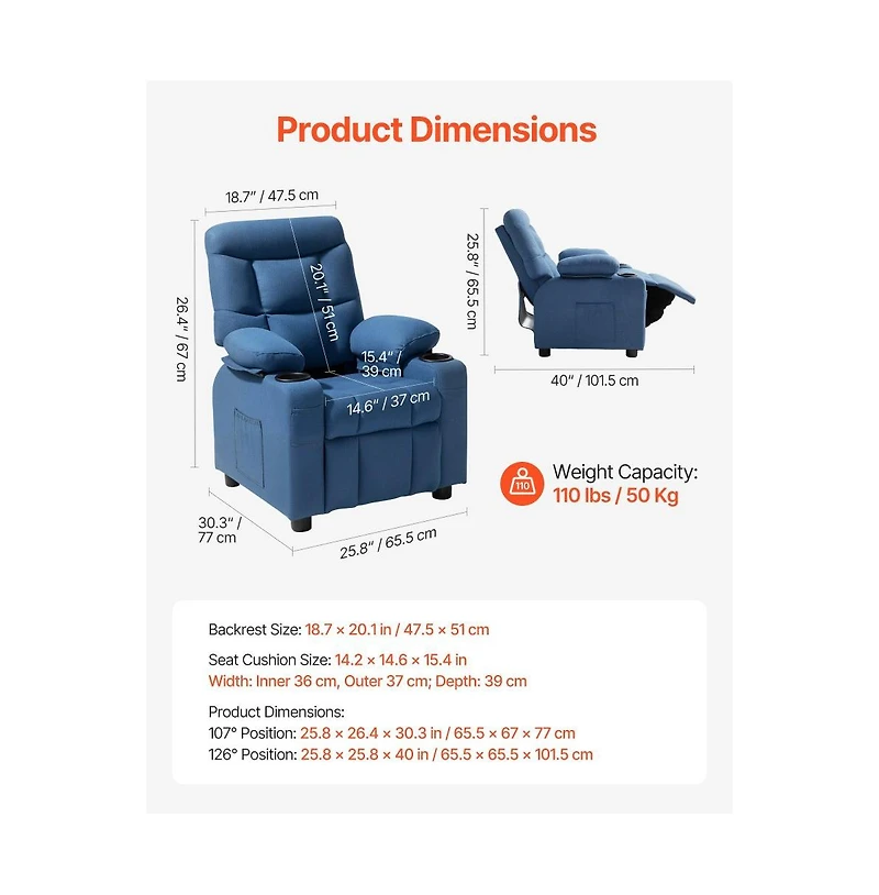 Slickblue Kids Recliner Chair with Cup Holders, Pockets and Footrest