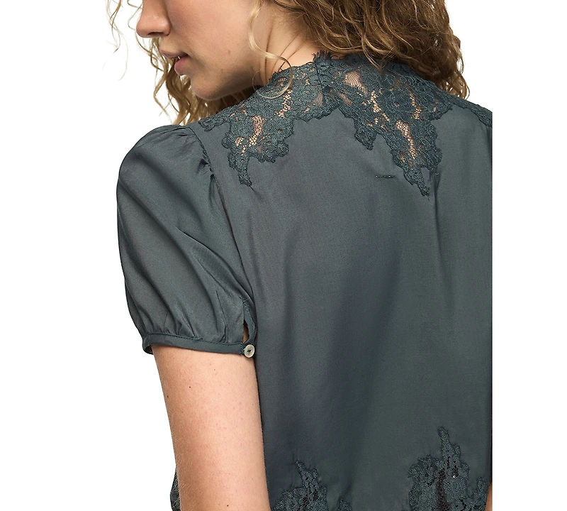Lucky Brand Women's Lace Trim Tie Front Flyaway Top
