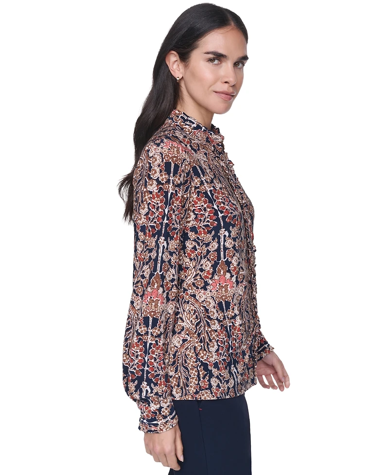 Tommy Hilfiger Women's Long Sleeve Mock Neck Button Front Blouse