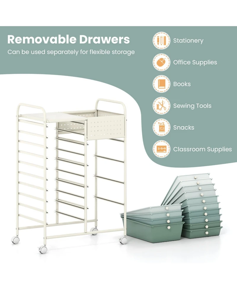 Mecale 14-Drawer Rolling Cart with Metal Top and Pegboard
