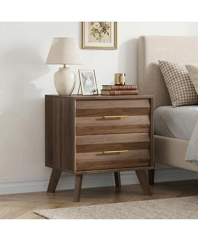 Streamdale Furniture Double Drawer Mid-Century Modern Bedside Table with Metal Handles