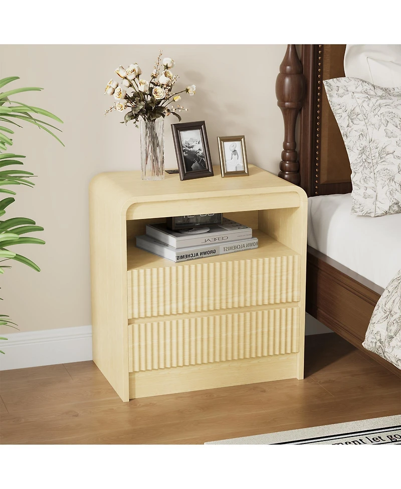 homfan 23.6-Inch Wood Color Fluted Nightstand with Charging Station and 2 Drawers