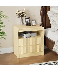 homfan 23.6-Inch Wood Color Fluted Nightstand with Charging Station and 2 Drawers
