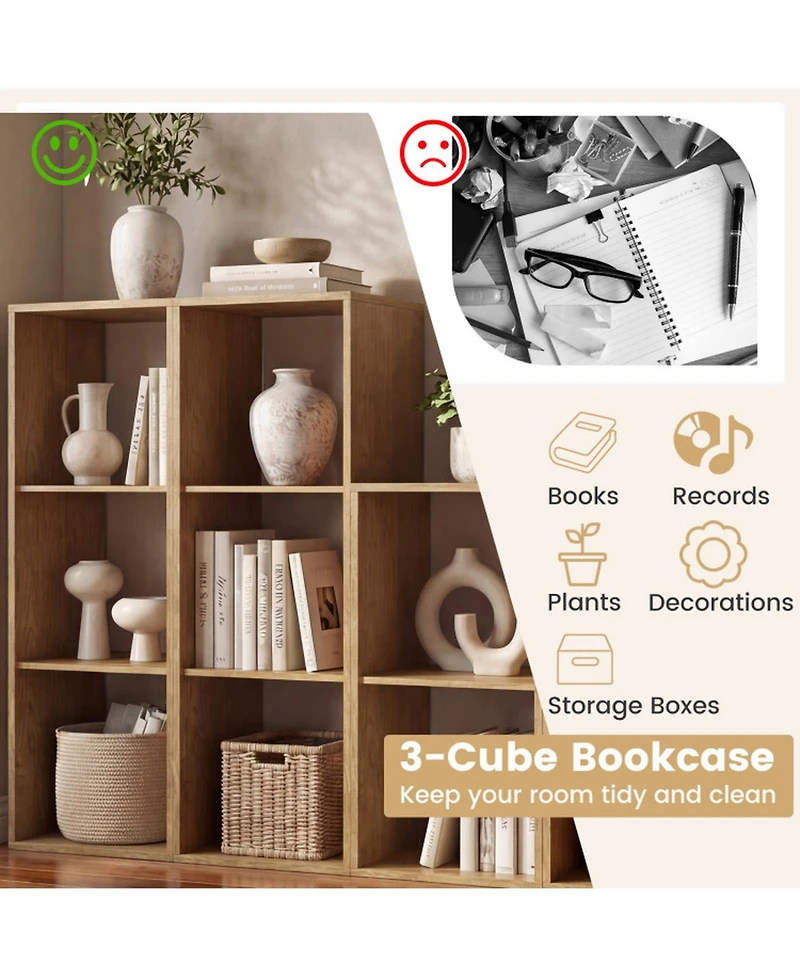 Sugift 3-Cube Bookshelf with Back Guardrail for Living Room
