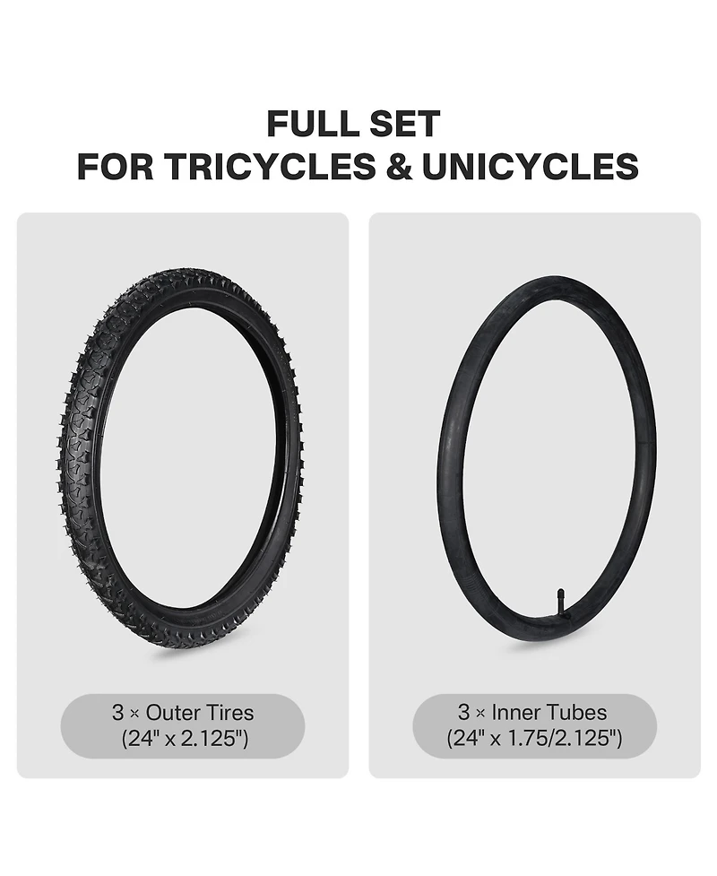 Yescom 24" x 2.125" Tricycle and Unicycle Heavy-Duty Mountain Tread Tire and Tube Set, 3-Piece