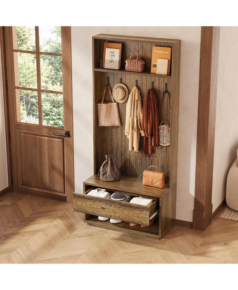 Tribesigns Hall Tree with Bench and Shoe Storage, Entryway Coat Rack with Shoe Bench and Drawer, 5 Hooks, Freestanding Hall Tree Organizer