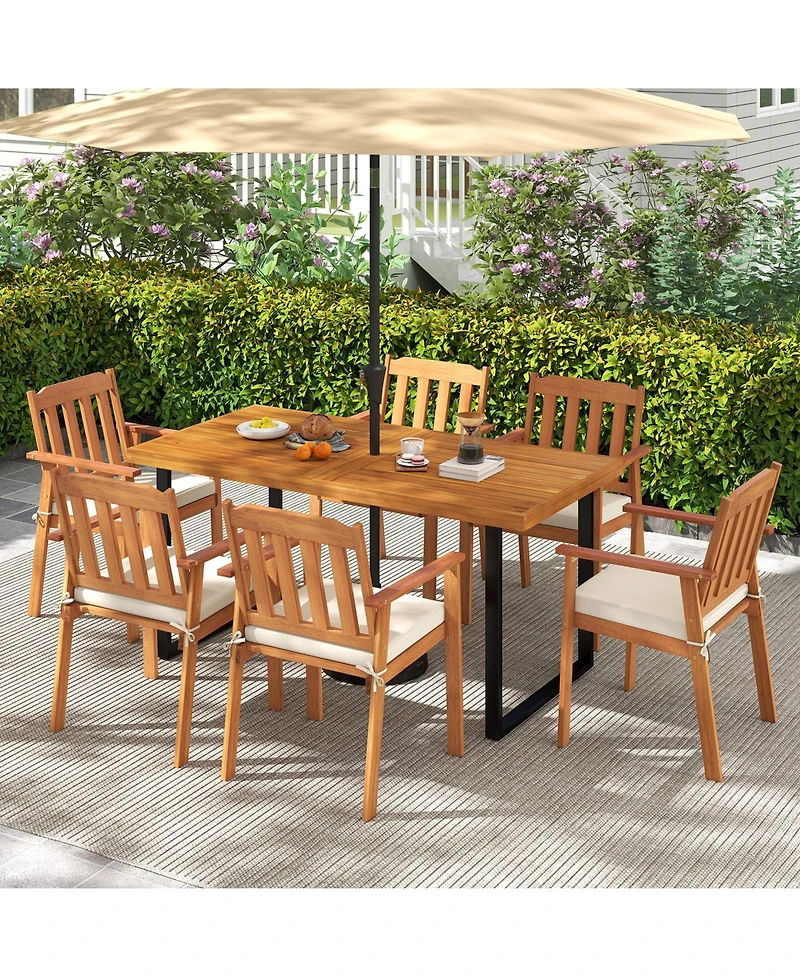 Mecale 63-Inch Acacia Wood Outdoor Dining Table for 6 with Umbrella Hole
