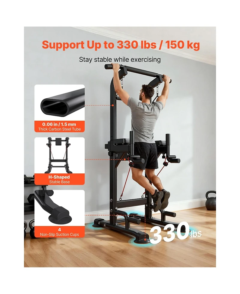 Hongge Free Standing Power Tower Dip Station with 12-Level Height and Butterfly Arm Rated to 330 lbs