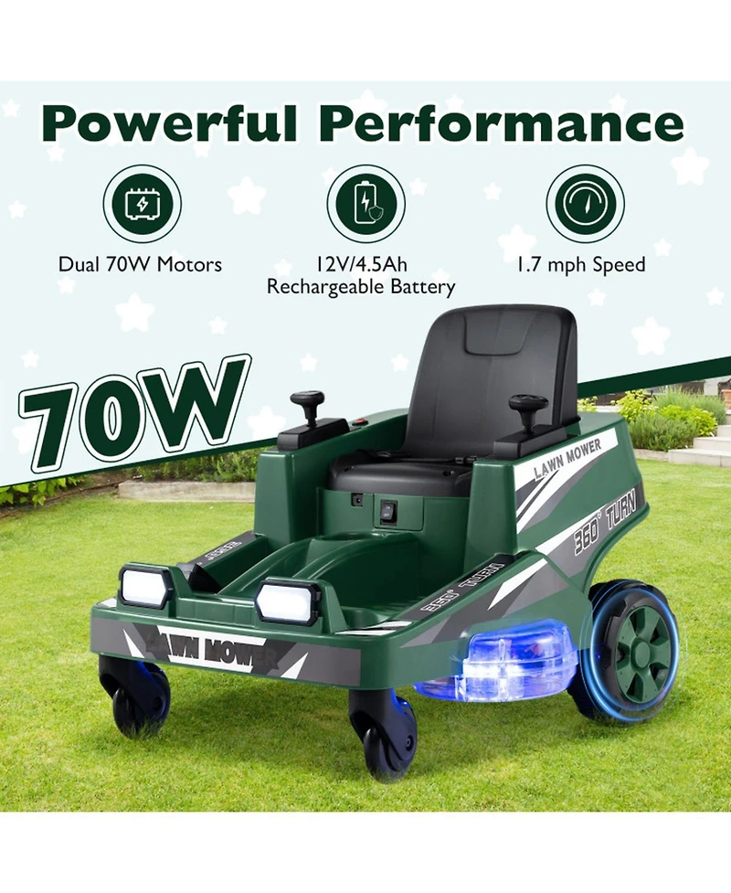 Hongge 12V Ride-On Mower with Spinning Blades and Led Lights, 77 lbs., Ages 3–8