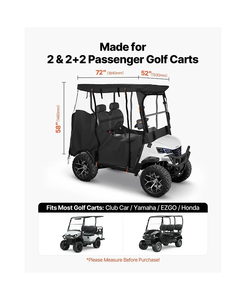 Hongge Visible Full Enclosure Golf Cart Cover for 2-Passenger Carts with Clear Windshield and Windproof Hooks
