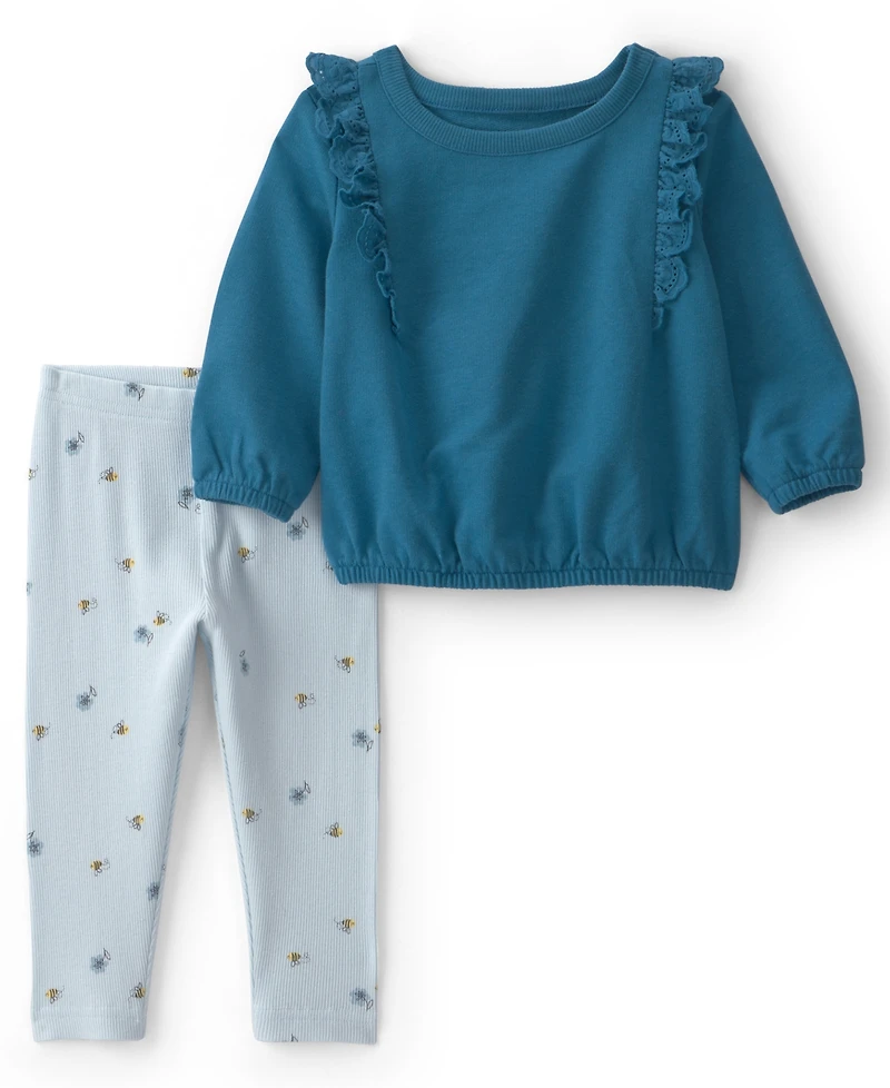 Carter's Baby Girls' Embroidered Ruffle French Terry Top and Bee Print Pants, 2-Piece Set