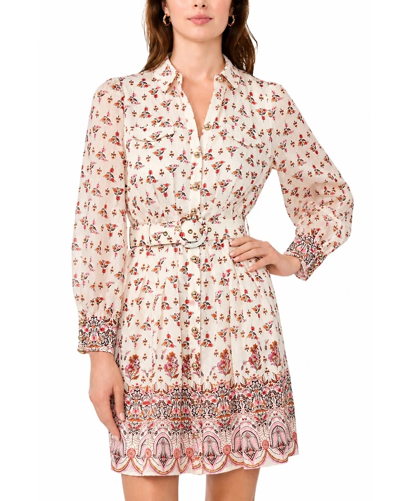 CeCe Women's Floral-Print Long-Sleeve Collared Dress