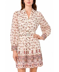 CeCe Women's Floral-Print Long-Sleeve Collared Dress