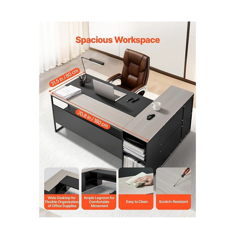 Slickblue Modern L-Shaped Office Desk with Cpu Stand, Storage Cabinet and Spacious Work Surface