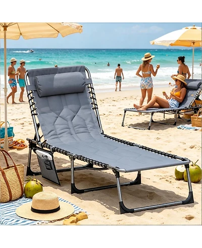 Mountaintop Gray Padded Folding Chaise Lounge Chair 6-Level Reclining Outdoor Camping Tanning Chair with Headrest for Beach Yard Patio Pool