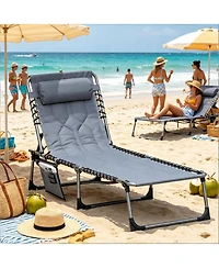 Mountaintop Gray Padded Folding Chaise Lounge Chair 6-Level Reclining Outdoor Camping Tanning Chair with Headrest for Beach Yard Patio Pool