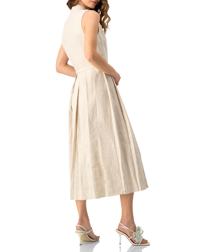 Ivonne Women's Linen Belted Band Collar Midi Shirtdress
