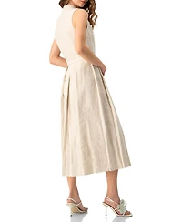 Ivonne Women's Linen Belted Band Collar Midi Shirtdress