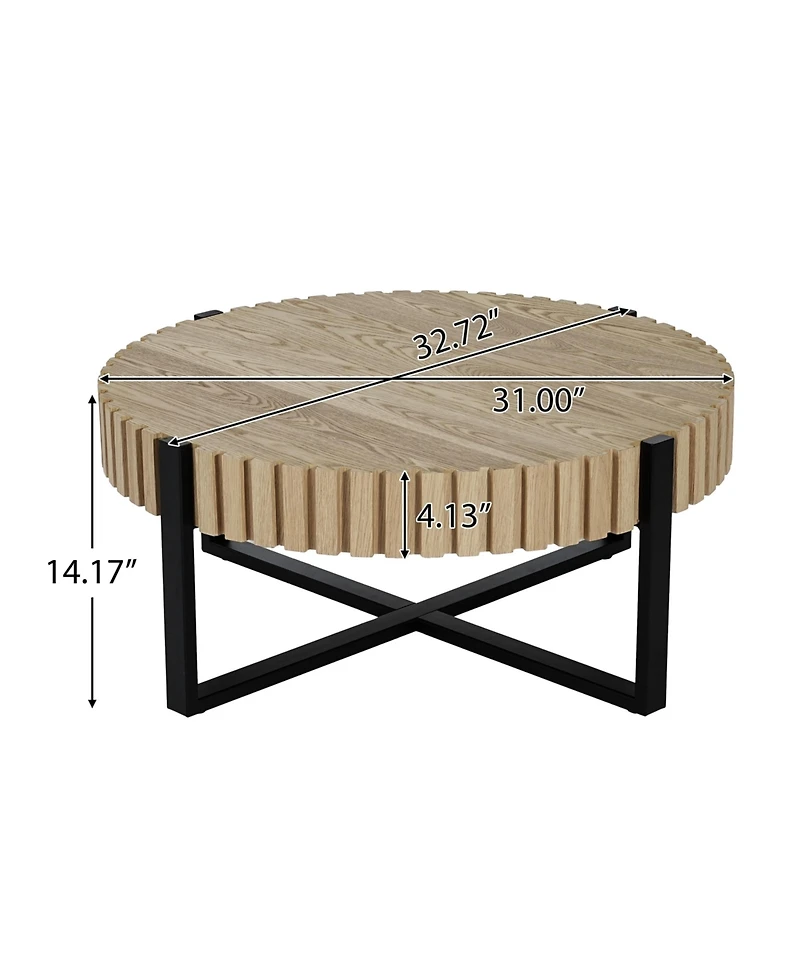Flynama 31.5" Round Drum Coffee Table Mdf Wood Grain Industrial Metal Base