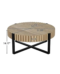 Flynama 31.5" Round Drum Coffee Table Mdf Wood Grain Industrial Metal Base