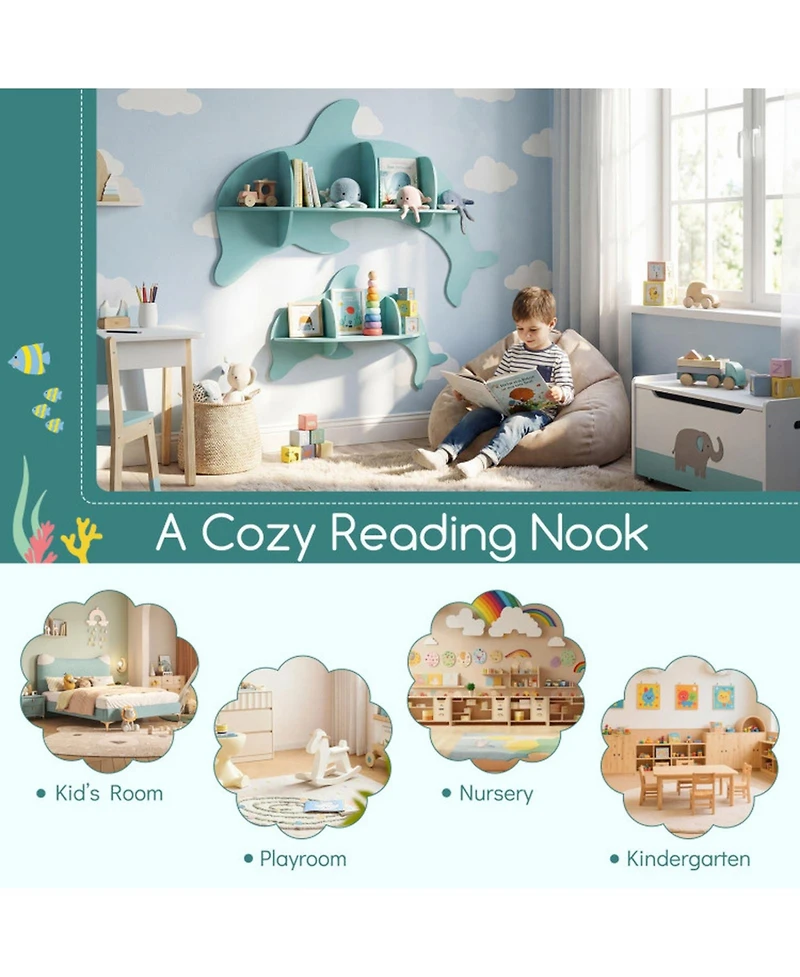 Sugift 2 Pieces Floating Dolphin Shelves Wall Mounted Kids Room Storage Display Rack with Dividers