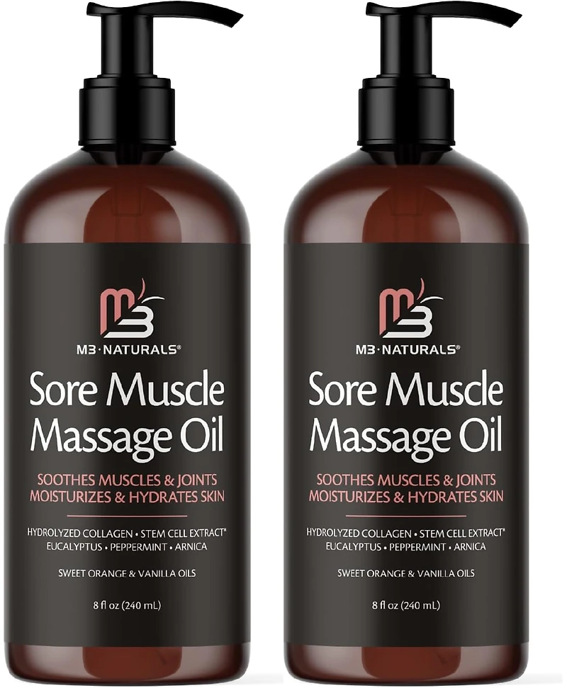 M3 Sore Muscle Massage Oil with Collagen, Stem Cells and Menthol | Full Body Massage Oil | 8 fl oz, Pack of 2