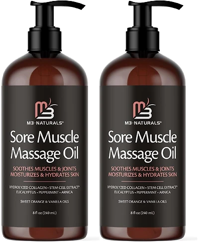 M3 Sore Muscle Massage Oil with Collagen, Stem Cells and Menthol | Full Body Massage Oil | 8 fl oz, Pack of 2