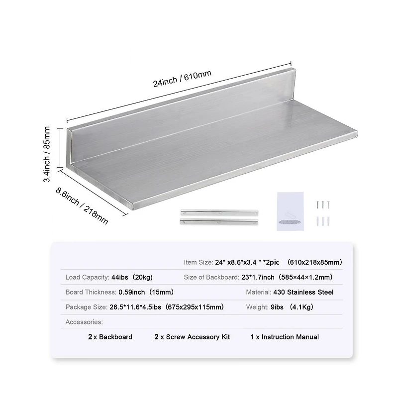 Slickblue Stainless Steel Floating Wall Shelves Set of 2 with Backsplash for Kitchen Restaurant Storage