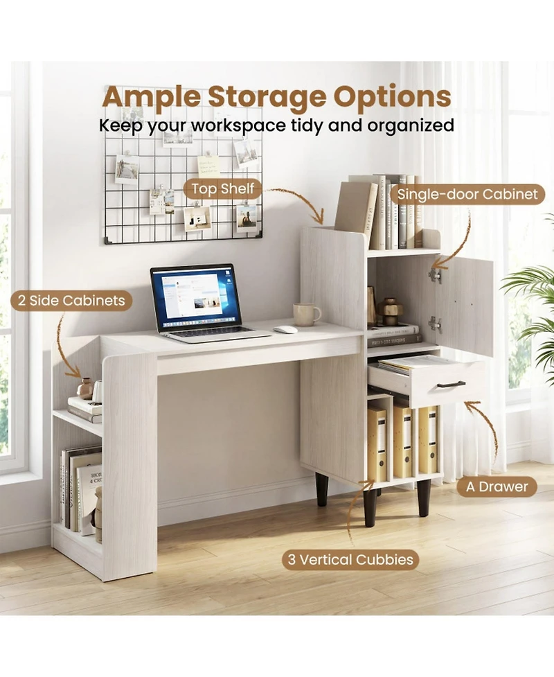 Sugift 59 Inch Home Office Desk with Side Storage Shelves Drawer and Cabinet Modern Computer Workstation
