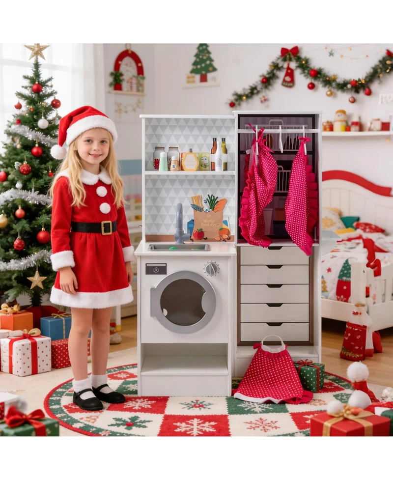 Sugift Double-Sided Toddler Play Kitchen with Water Dispenser and Luminous Range Hood Ages 3 Plus