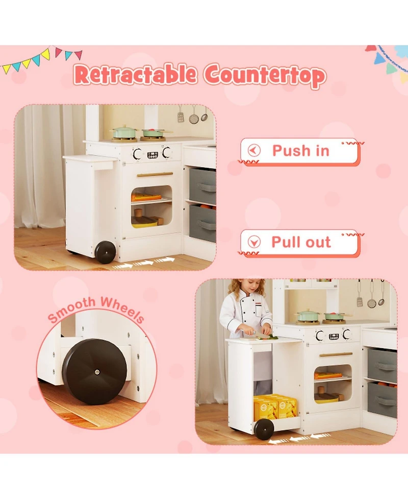 Sugift Corner Kitchen Playset with Retractable Countertop and Working Ice Maker, Ages 3+